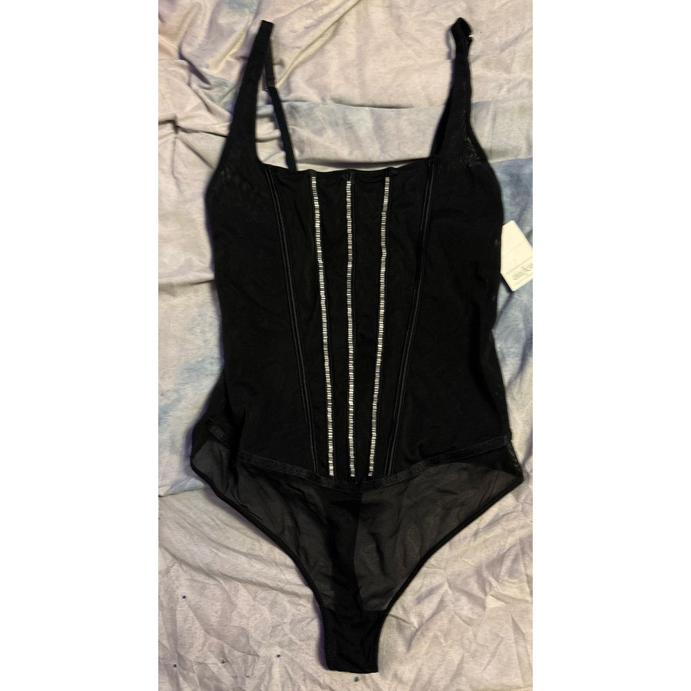 NEW Auden Black Lace Unlined Rhinestone Studded Lingerie Bodysuit, Small - Picture 2 of 5